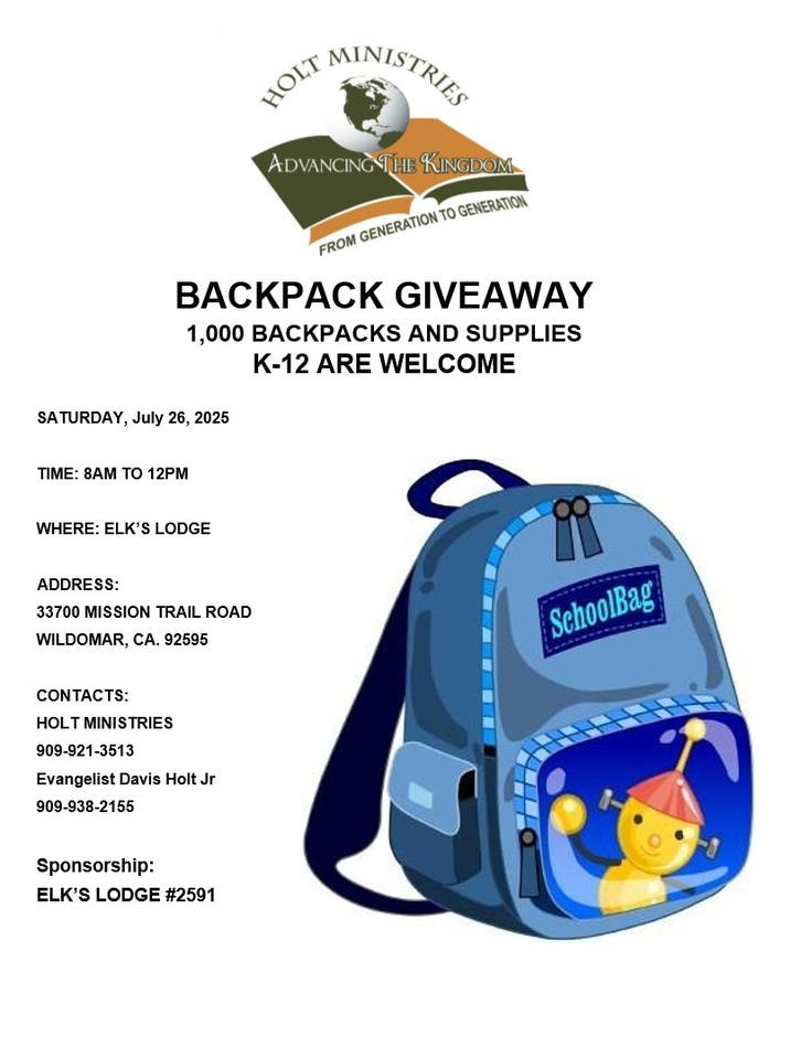 Holt Ministries’ Annual Backpack Giveaway: Empowering students with necessary supplies for a successful school year.
